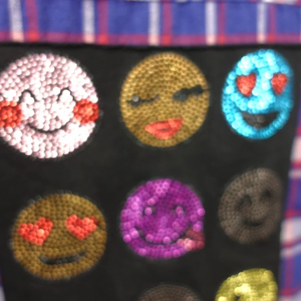 Girls Flannel Shirt Rhinestone Emoji L Blue Plaid Smiley Patch Pearl Snap BUTTER